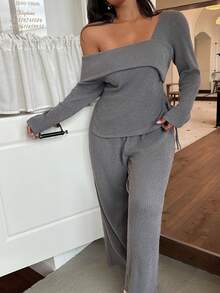 Napfluff CURVE Women's Gray Oblique Shoulder Pleated Comfortable Casual 2 Pieces Pajama Set - Grey - View 6