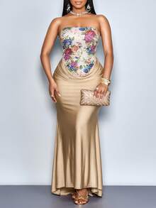 SOLERSUN Đầm ôm sát dáng đuôi cá in hoa thanh lịch dành cho nữ cỡ lớn - Màu Khaki - Xem 5