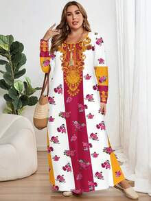 EMERY ROSE Floral Print Plus Size Long Sleeve Round Neck Dress, Suitable For Parties Carnival,Flower/Summer/Spring/Vacation - Multicolor - View 3