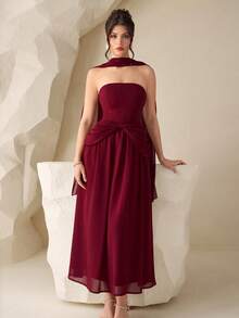 Modelyn Women's Elegant Strapless Ruffle Trim Slim Fit Dress - Burgundy - View 2