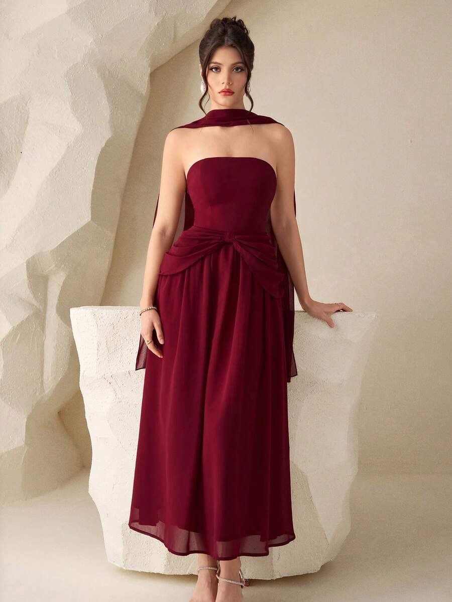 Modelyn Women's Elegant Strapless Ruffle Trim Slim Fit Dress - Burgundy - View 1