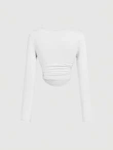 SHEIN MOD 4件套女士褶皱休闲方领长袖T恤套装，保暖衣物，秋季，外出上衣，假日，新年 - 粉色 - 查看 8
