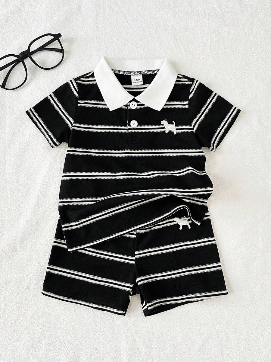 SHEIN Playful Pals 两件套男婴休闲时尚刺绣条纹针织Polo领短袖上衣和配套短裤套装,适合春夏外出、居家、运动,舒适透气,学院风。 - 黑色 - 查看 1