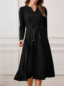Medorina Vestido elegante de mujer con cuello en V, manga larga y cintura ceñida - Negro - Ver 4