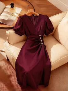 Franclia Women's French Minimalist Style, Woven Solid Burgundy, Romantic Date Dress, Crossover V-Neck, Puff Sleeves, Pleated Waist, Slit, Elegant Women's Dress, Women's Wedding Guest Dress, Bridesmaid Dress, Elegant Party Dress, Valentine's Day Date Dress, Valentine's Day Outfit, Red Dress, Summer Dress, Women's Long Summer Dress, Valentine's Day, Valentine's Day Clothing, Valentine's Day Outfit, New Summer Women's Dressgraduation Season Attire, Fashionable Casual Commuter Wear, Business Office Wear, Versatile And Stylish Everyday Casual Wear, Urban Teacher's Professional Attire - Burgundy - View 1