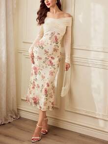 Vintamour فستان نسائي أنيق بطبعة زهرية على الكتف مع تصميم متقاطع ومطوي، مناسب للحفلات والعطلات، بتصميم ضيق وذيل سمكة، فساتين شتوية للنساء، فستان عيد الحب، ملابس عيد الحب للنساء، فستان رأس السنة، فساتين رأس السنة للنساء، ملابس رأس السنة، ملابس حفلة رأس السنة للنساء، فساتين أنيقة للنساء، فساتين أنيقة للسيدات، ملابس العطلات للنساء، فساتين أنيقة للحفلات، ملابس الربيع - لون مشمشي - مشاهدة 1