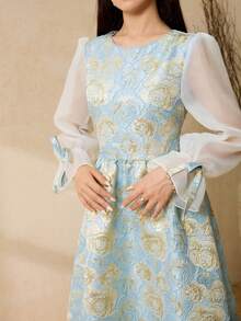Teen Girls Sky Blue Elegant Summer Midi Dress,Jacquard Patchwork Sheer Lantern Long Sleeve Modest Dress For Party,Wedding,Prom,Birthday,Banquet - Blue - View 5