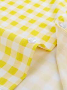 Manfinity Homme 红色短袖格子衬衫，独特刺绣Logo，清爽格纹衬衫，休闲百搭男士黄白格子衬衫，柠檬黄衬衫，男士短袖纽扣衬衫，黄白配色男士夏季纽扣衬衫 - 淡黃色 - 查看 3