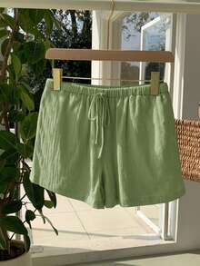 SHEIN EZwear Quần short nữ cỡ lớn, màu trơn, có thắt lưng và túi, dáng rộng, thoải mái, thích hợp mặc mùa hè. - màu xanh lá - Xem 5