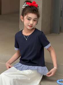 DAZY Tween Girls Crew Neck Colorblock Striped Short Sleeve T-Shirt Summer - Royal Blue - View 2