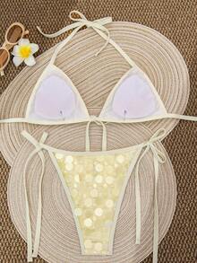 Swim Mod Women's Swimsuit Set, Fashionable Sequin Sexy Triangle Bikini Top Paired With Regular Side Tie Swim Bottoms, Adult Women Beach Outfit - Yellow - View 3