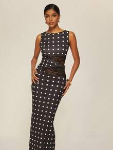 ATUI Studio 女士优雅黑色蕾丝拼接长款连衣裙，适合派对、新年庆祝活动等正式场合 - 黑色 - 查看 6