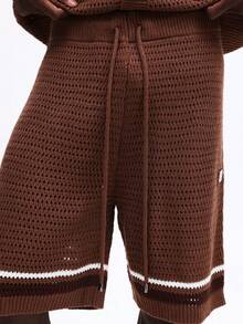 SUMWON Knit Cardigan And Shorts Co-Ord Set With Button Front Closure Cable Knit Texture White Contrast Trim Details Vacation - Coffee Brown - View 7