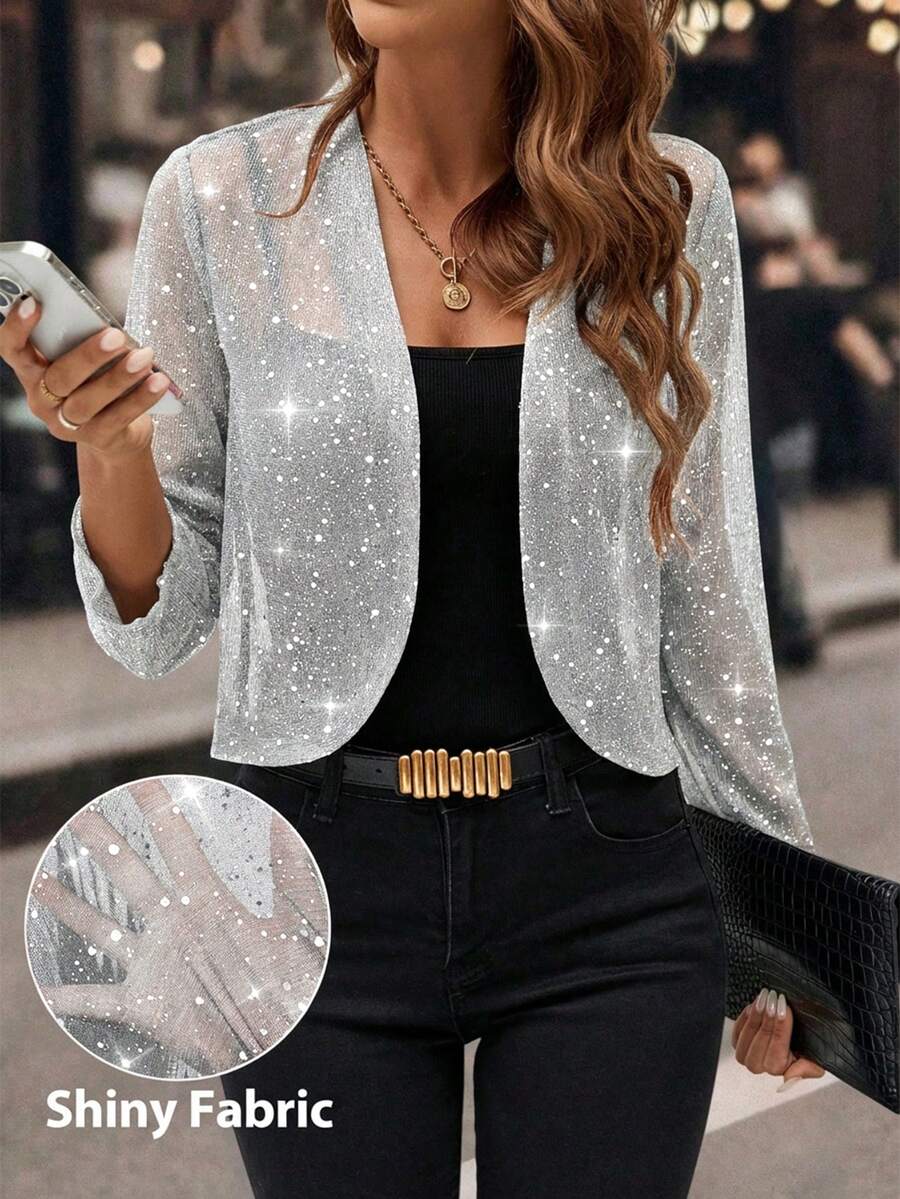 Editum Women Long Sleeve Cardigan Jacket, Casual For Everyday Wear In Fall/Winter - Silver - View 1