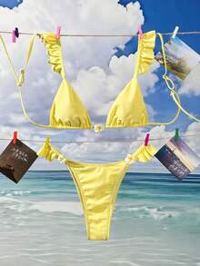 Swim Mod 新款黄色花卉荷叶边性感比基尼套装 - 黃色 - 查看 6