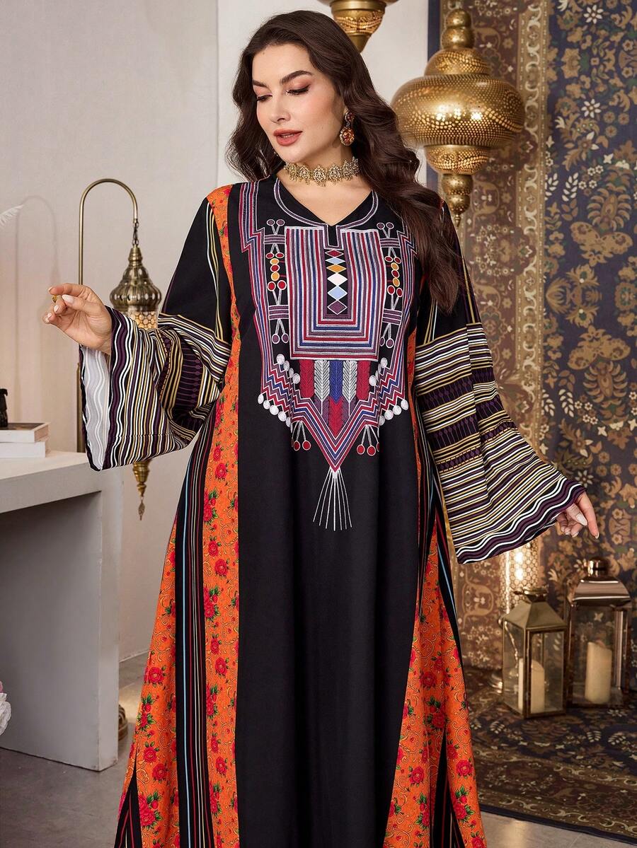 Al Najma Plus Size Women Elegant Floral Printed Traditional Loose Casual Long Dress, Suitable For Spring/Autumn - Black - View 1