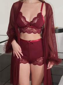 Turnttoni 3 件套蕾丝拼接性感吊带短裤 + 3D 饰边宽袖网眼长袍套装 - 紫紅色 - 查看 3