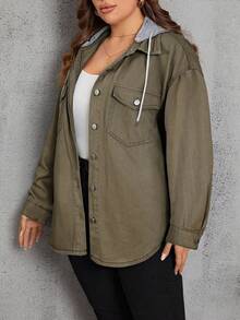 EMERY ROSE Plus Size Casual Washed Denim Jacket, Autumn - Army Green - View 6