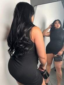 Firerie Plus Size Elegant Minimalist Sleeveless Turtleneck Ruched Bodycon Dress, Versatile For Daily Wear, Spring/Summer High Neck Dress Sleeveless Dress Black Bodycon Dress Ruched Dress - Black - View 2