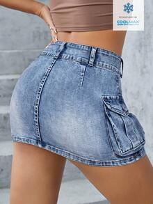 SHEIN ICON Solid Color Slant Pocket Casual Versatile Low-Waist Super Short Denim Skirt - Blue - View 2