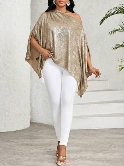 SHEIN Lady Women's Elegant Oblique Shoulder Split Sleeve Loose Blouse, Autumn