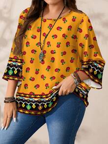 EMERY ROSE Casual Minimalist Black Background Red Rose Geometric Patchwork Placement Retro Print 3/4 Sleeve Women's Shirt Spring - Multicolor - View 4