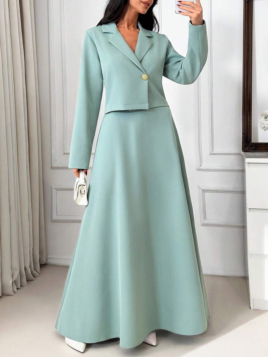 SHEIN Women Two Pieces Tie Detailed Blazer And Skirt Suit Sets - Mint Green - View 1