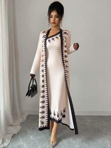 SHEIN Elenzya 2件套女士杏色花卉印花不对称肩部长款开衫和连衣裙套装 - 杏色 - 查看 5