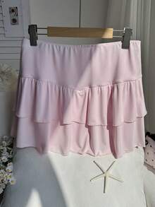 Comfortcana 大码女式迷你裙，纯色直筒荷叶边下摆，休闲日常款 - 淺粉色 - 查看 3
