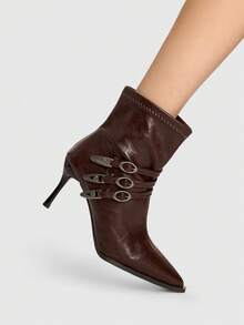 ROMWE Grunge Punk Giày bốt cao gót mũi nhọn thời trang đa năng cho người đi làm - màu nâu - Xem 3