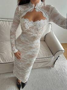 Aloruh Vestido largo de manga larga, negro, de encaje, sexy, elegante, vintage y romántico, vestido de fiesta, vestido de cita, vestido extra largo - Blanco - Ver 6