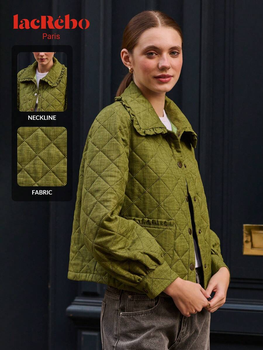 lacRébo Winter Green Quilted Jacket With Ruffled Collar And Button Front Winter Women Clothes Spring Summer New Year - Army Green - View 1