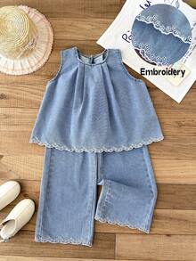 SHEIN LMoss Kids 2件套少女镂空刺绣花卉图案蓝色牛仔宽松背心和裤子套装 - 淺色水洗藍 - 查看 1