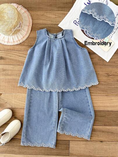 SHEIN LMoss Kids 2pcs Young Girls Hollow Embroidered Floral Pattern Blue Denim Loose Vest And Pants Set,Spring Outfits, Summer Outfits,Casual And Fashionable Vacation Outfits,Street Wear,2000s Style  ,Comfortable And Soft Denim,Girls  Vacation Outfits,Young Girls   Set,Vacation  Set