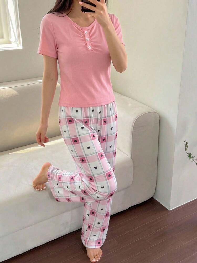 女童甜心格子睡衣套装，粉色罗纹荷叶边短袖 - 粉色 - 查看 4