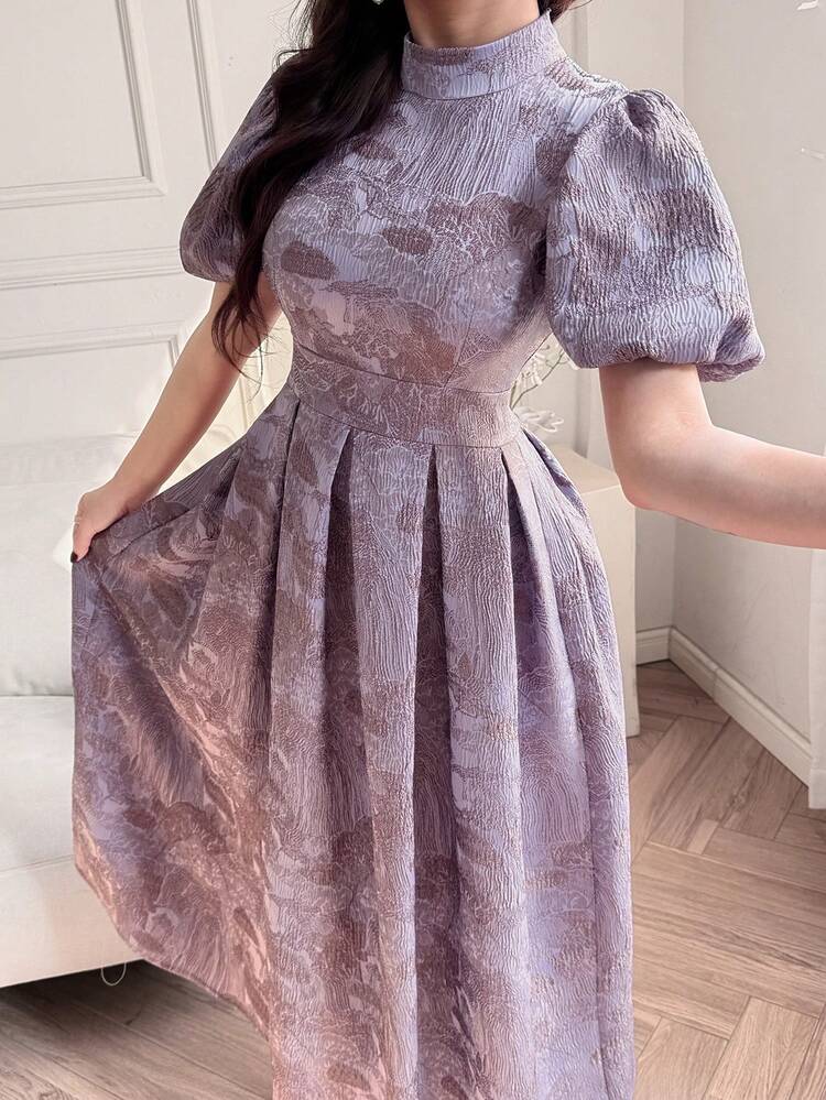 Dazy-Less Spring & Summer Floral Print Dress, Elegant Fitted Midi Dress For Valentine's Day, Wedding, Party, Formal Occasion, Commute, Dark Floral Pattern Long Sleeve Sundress - Purple - View 4