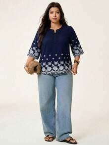 SHEIN LUNE Plus Size V-Neck Short Sleeve Embroidered Casual Shirt Fall - Royal Blue - View 5