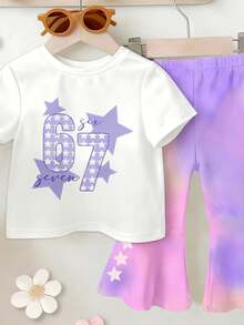 Bộ đồ 2 món cho bé gái, gồm áo thun ngắn tay cổ tròn in số 67 và quần ống loe trắng in họa tiết ngôi sao chuyển màu, trang phục thường ngày thoải mái cho bé gái sơ sinh và trẻ nhỏ, mùa xuân/hè. - Nhiều màu - Xem 4