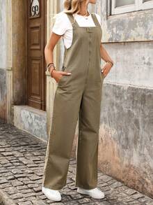SHEIN LUNE Pantalones peto vaqueros holgados y casuales sin estiramiento para mujer en color verde oliva - Verde militar - Ver 4