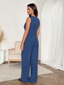 Easowa 女士V领单排扣贴花上衣和阔腿裤休闲套装 - 藏蓝色 - 查看 2