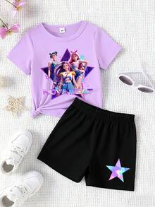 一套少女时尚彩色明星及韩流女团字母印花圆领短袖T恤和印花短裤套装，适合夏季外出穿着 - 彩色 - View 3