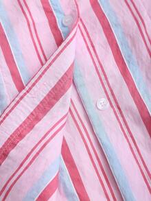 SHEIN Glamour 魅力女士梭织彩色条纹棉质束腰衬衫，性感度假风百搭上衣，纽扣衬衫，棉质度假海滩春季外出上衣 - 彩色 - 查看 3