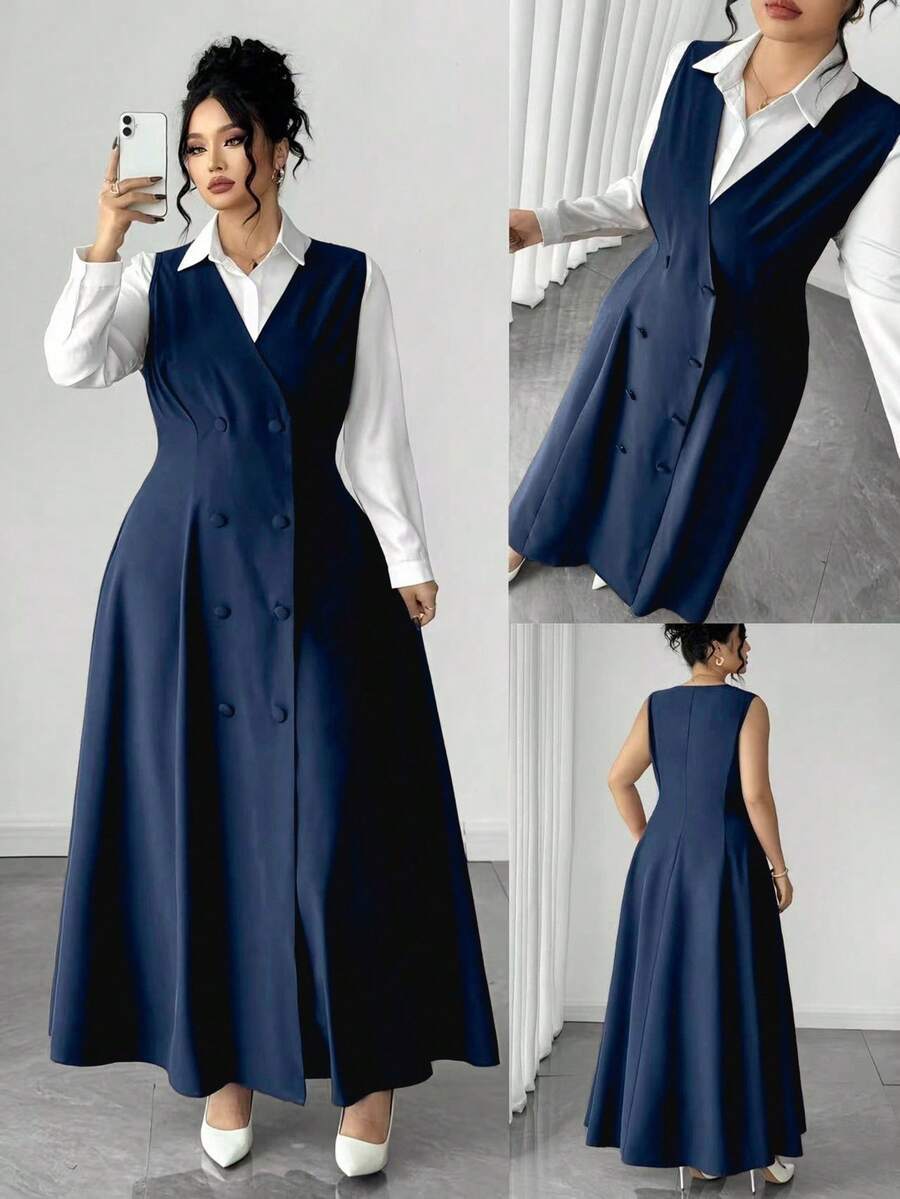 Elenzga 大码女士V领双排扣无袖优雅连衣裙 - 藏蓝色 - 查看 1