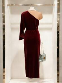 GlowEve Elegant Romantic Sequin Ruffle Asymmetric Sleeve Velvet Pleated Asymmetrical Hem New Year Dress - Burgundy - View 2