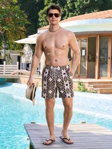 Manfinity Swimmode Men's All-Over Print Drawstring Waist Casual Beach Shorts - Multicolor - View 3