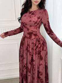 Modelyn 女士极简印花长袖连衣裙 - 酒紅色 - 查看 3