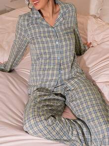 Lazeform 格子翻领长袖上衣和长裤睡衣套装，舒适优雅的细节设计，秋冬服装 - 灰色 - 查看 6