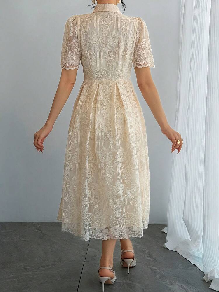 Women's Lace Patchwork Front Button Elegant Short Sleeve Dress Sundress