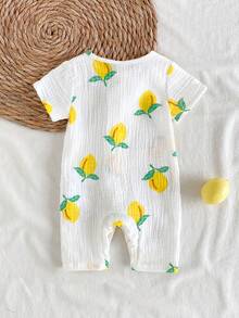 Vintaside Kids 新生儿连体裤，柔软舒适的绉纱面料，适合春、夏、秋季穿着，乡村风格柠檬水果印花，时尚可爱，百搭休闲夏季连体裤 - 白色 - 查看 2