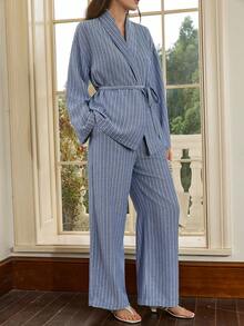 Dazy-Less Women's Striped Drop Shoulder Long Sleeve Casual Loose 2 Pieces Set Business Casual Woman - Blue - View 9